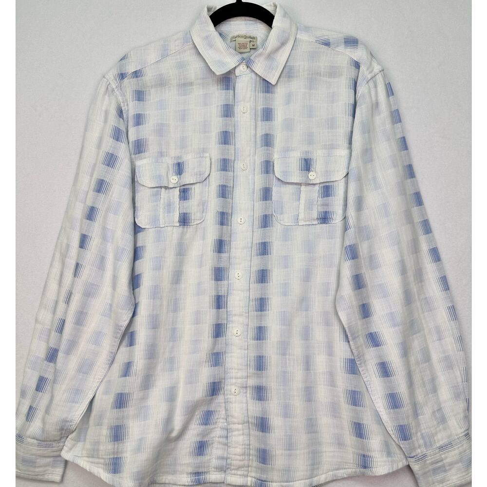 Carbon 2 Cobalt Blue White 100% Cotton Plaid Button Down Shirt Men’s Medium - Picture 2 of 8